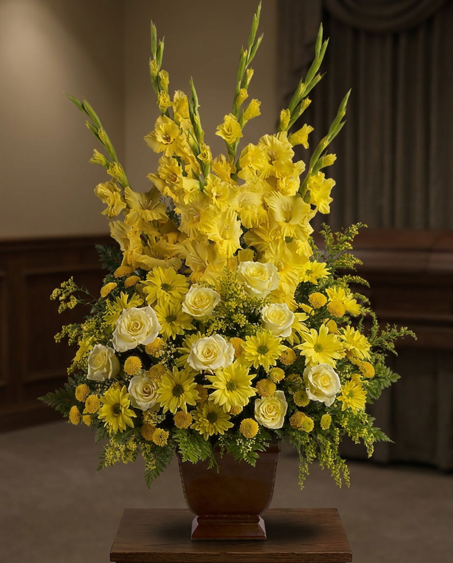 Tall arrangement of yellow roses, gladioli and chrysanthemums with fern in a Noble Heritage urn.