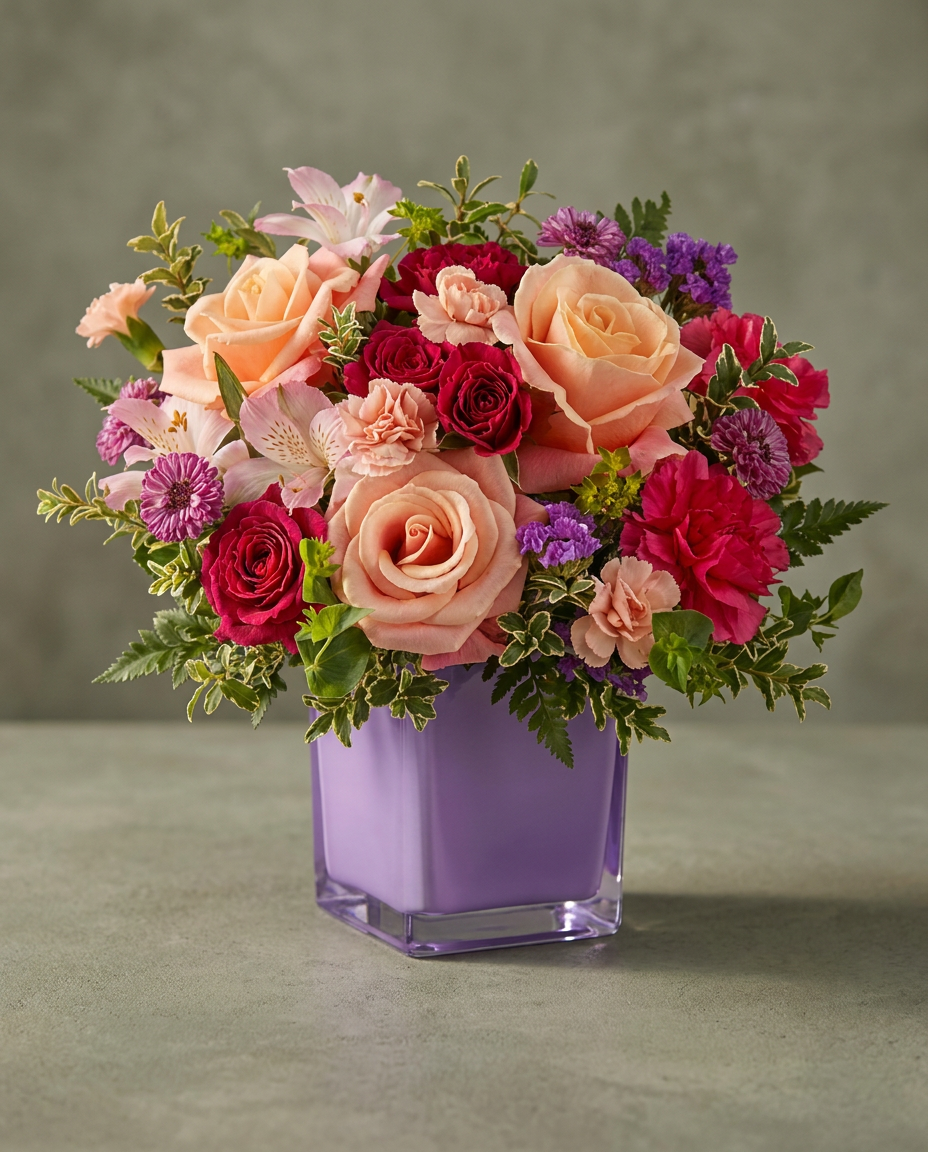 Peach, pink, and purple flowers arranged in an amethyst glass cube vase.