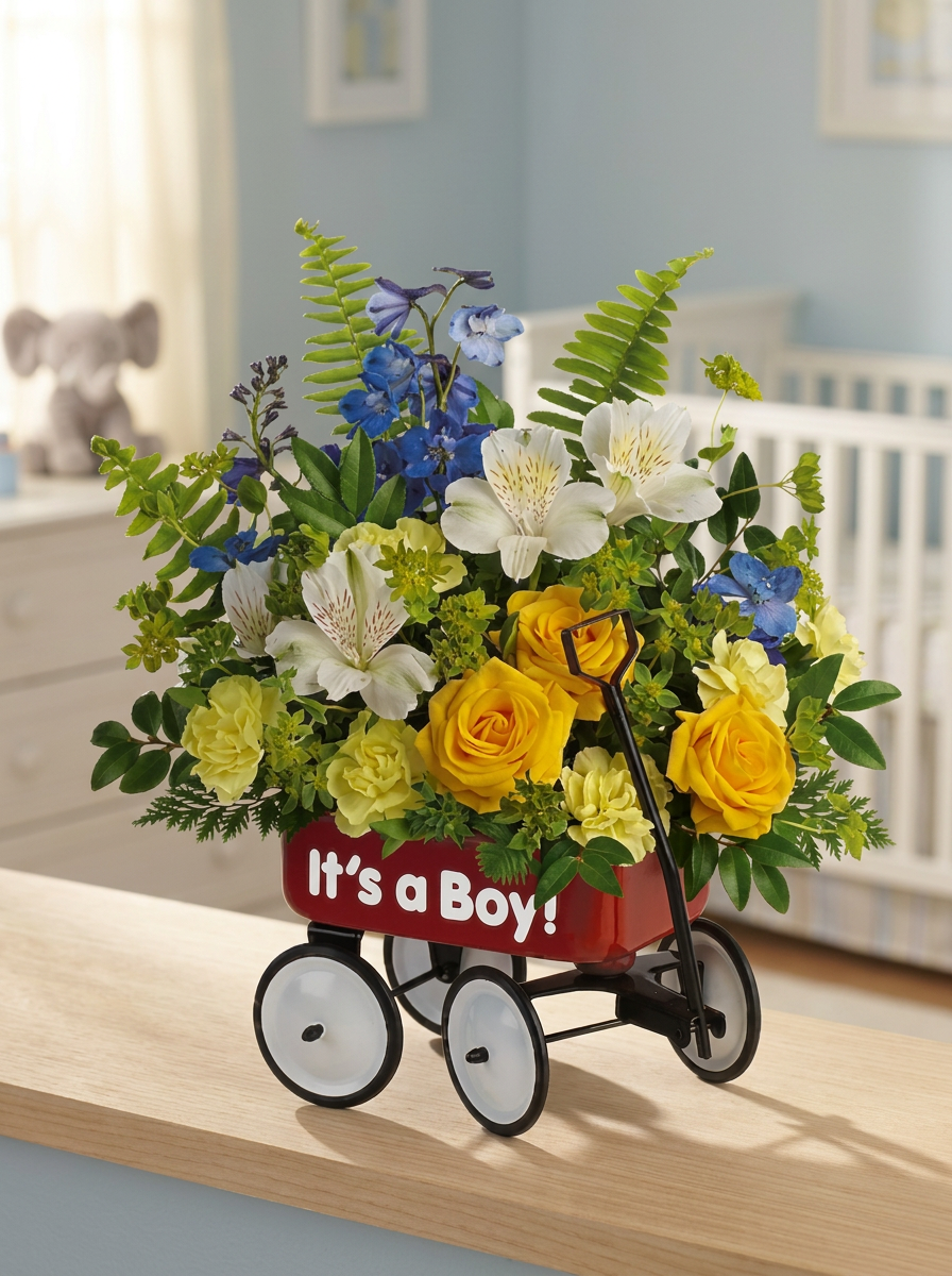 Yellow roses and carnations, white alstroemeria, blue delphinium, and greenery arranged in a small red wagon.