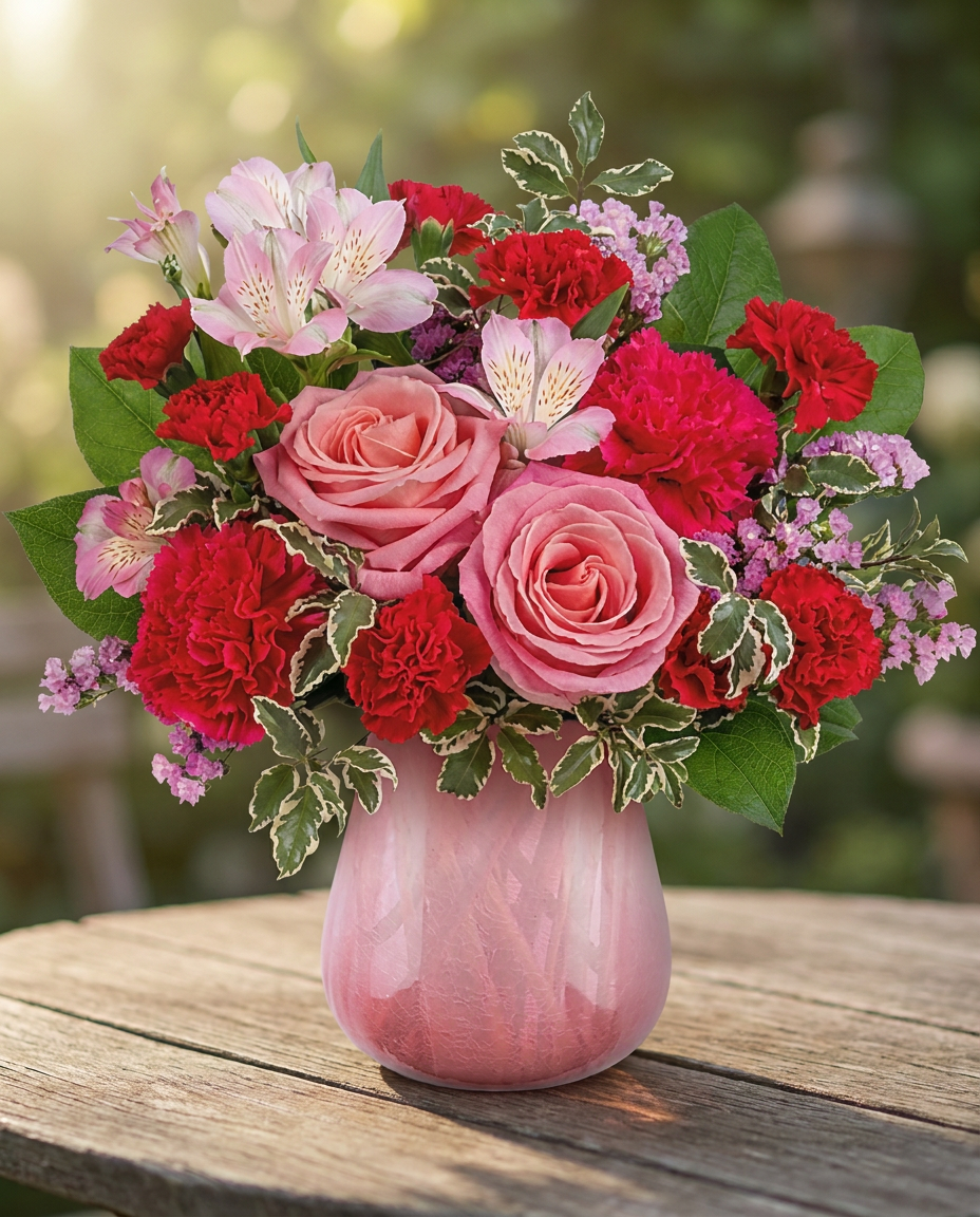 Pink and red blooms arranged in a sculpted iridescent glass vase.