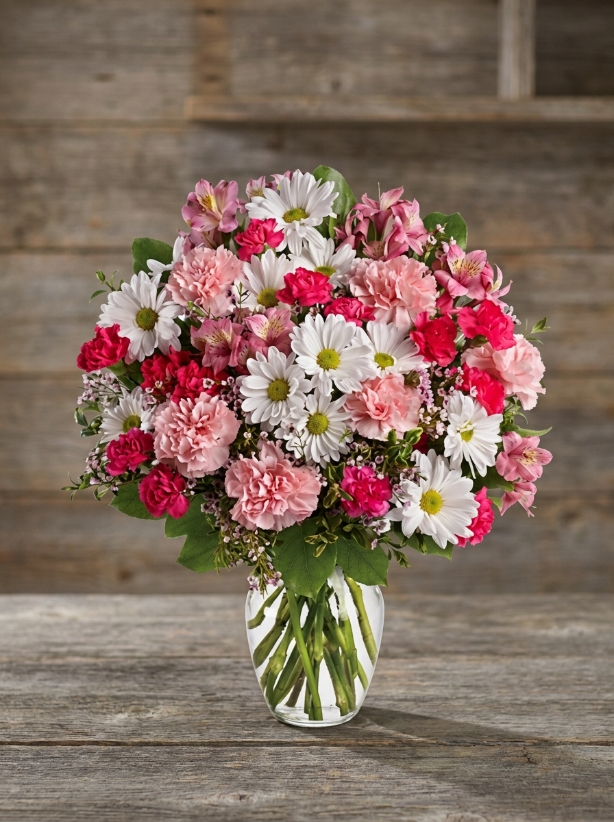 Pink alstroemeria and carnations with white daisies, waxflower, and greenery in a clear glass vase.