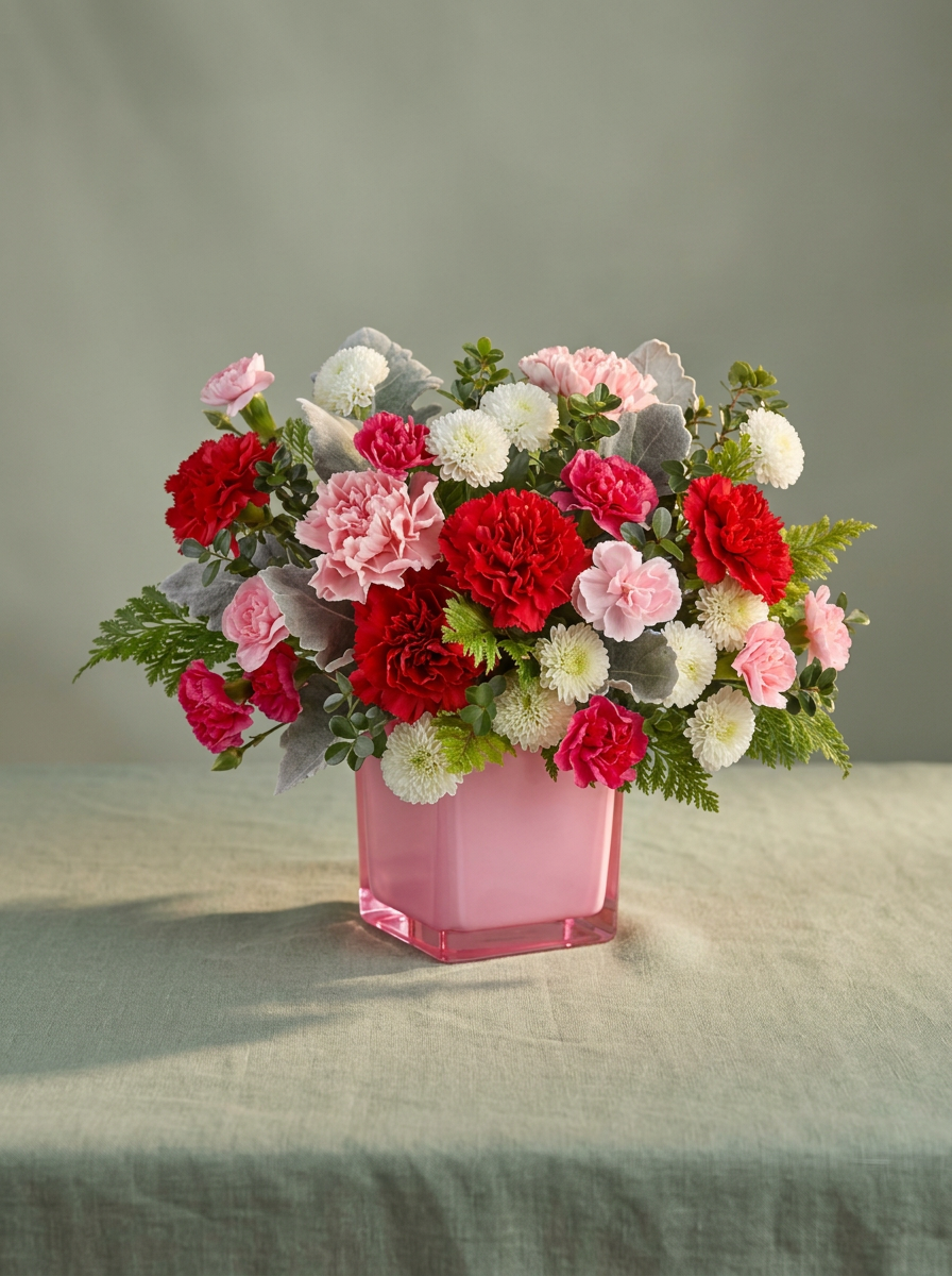 Red and pink carnations with white button chrysanthemums and leafy greenery arranged in a pink glass cube vase.