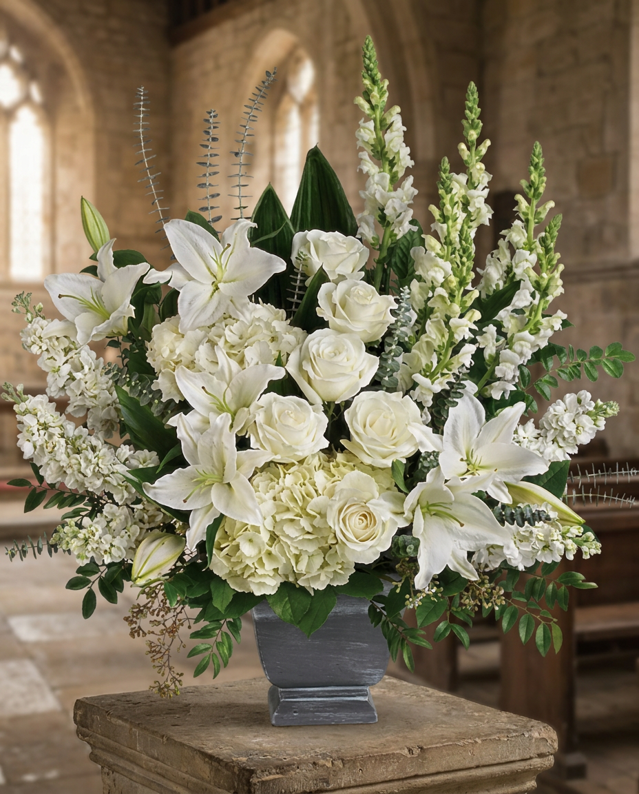 White hydrangea, roses, lilies, snapdragons, and stock with eucalyptus and leafy greenery in a Modern Heritage Pot.