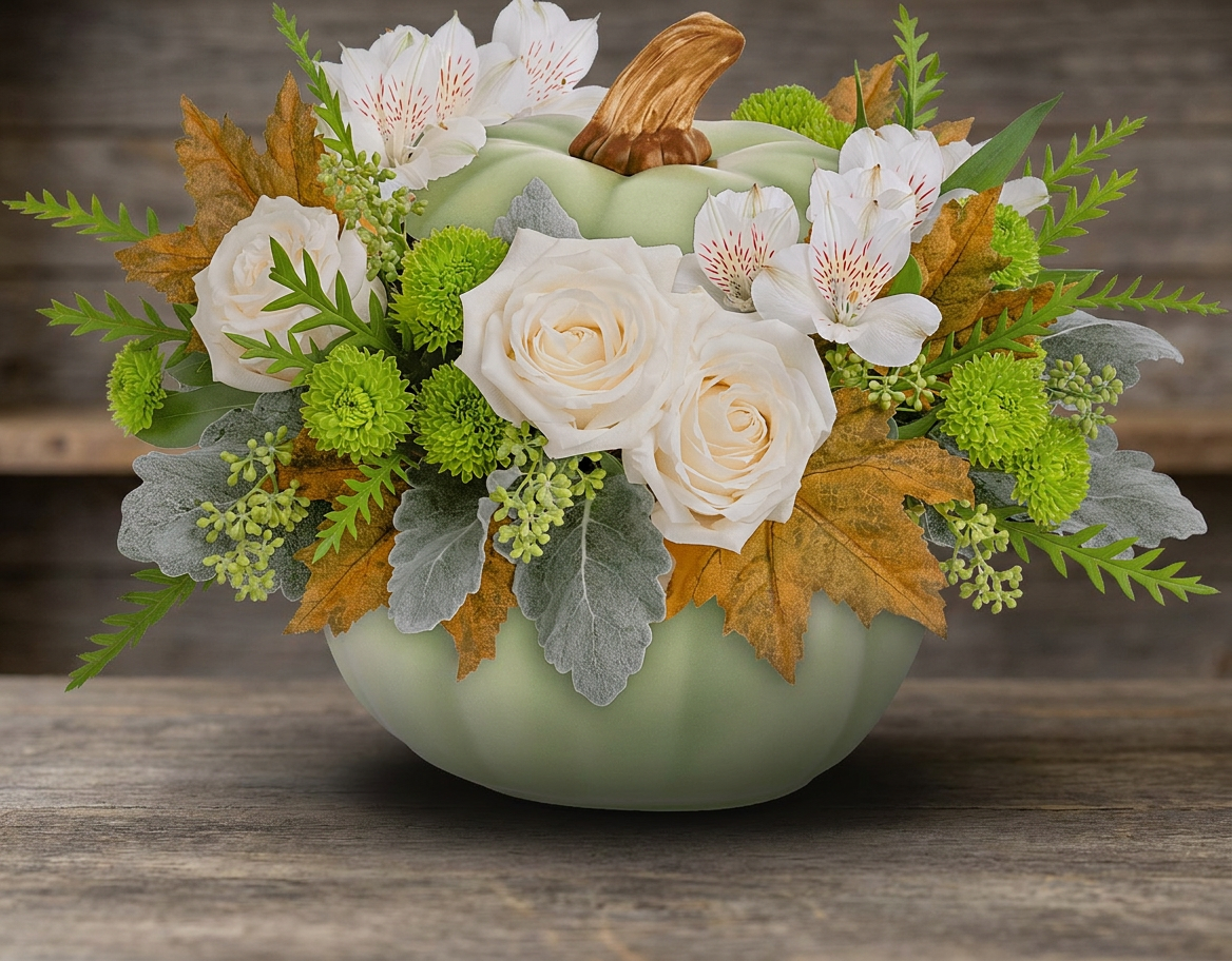 White lilies, red roses, and seasonal blooms arranged in a festive vase.