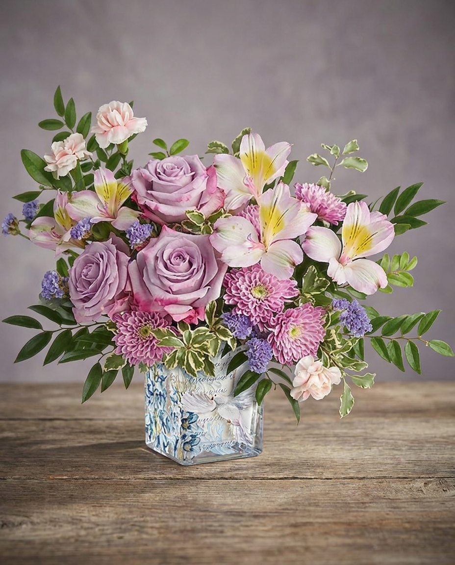 Lavender and pink flowers with greenery in a glass cube decorated with a dove and floral artwork.
