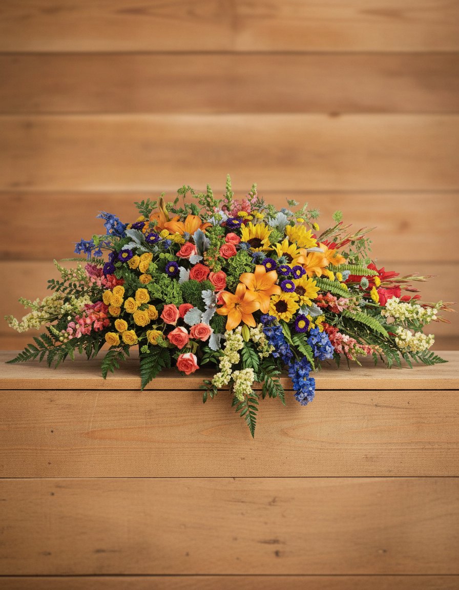 Colorful Reflections Casket Spray on a rustic wood background