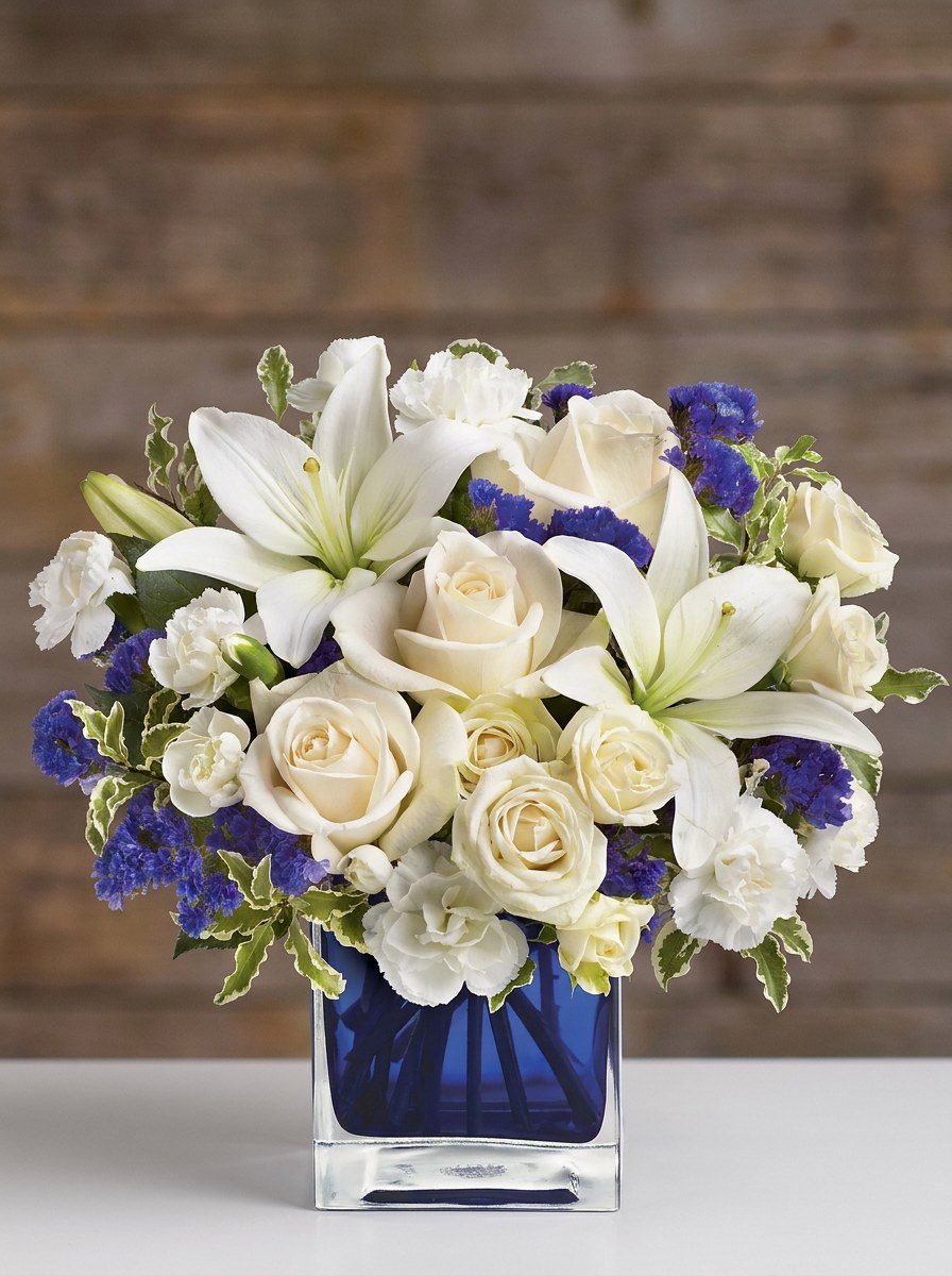 Sapphire Skies Bouquet on a rustic wood background