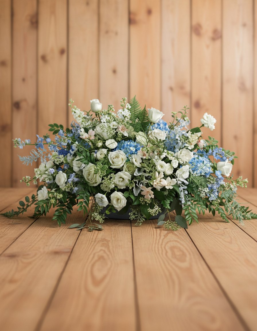 Tender Remembrance Casket Spray on a rustic wood background