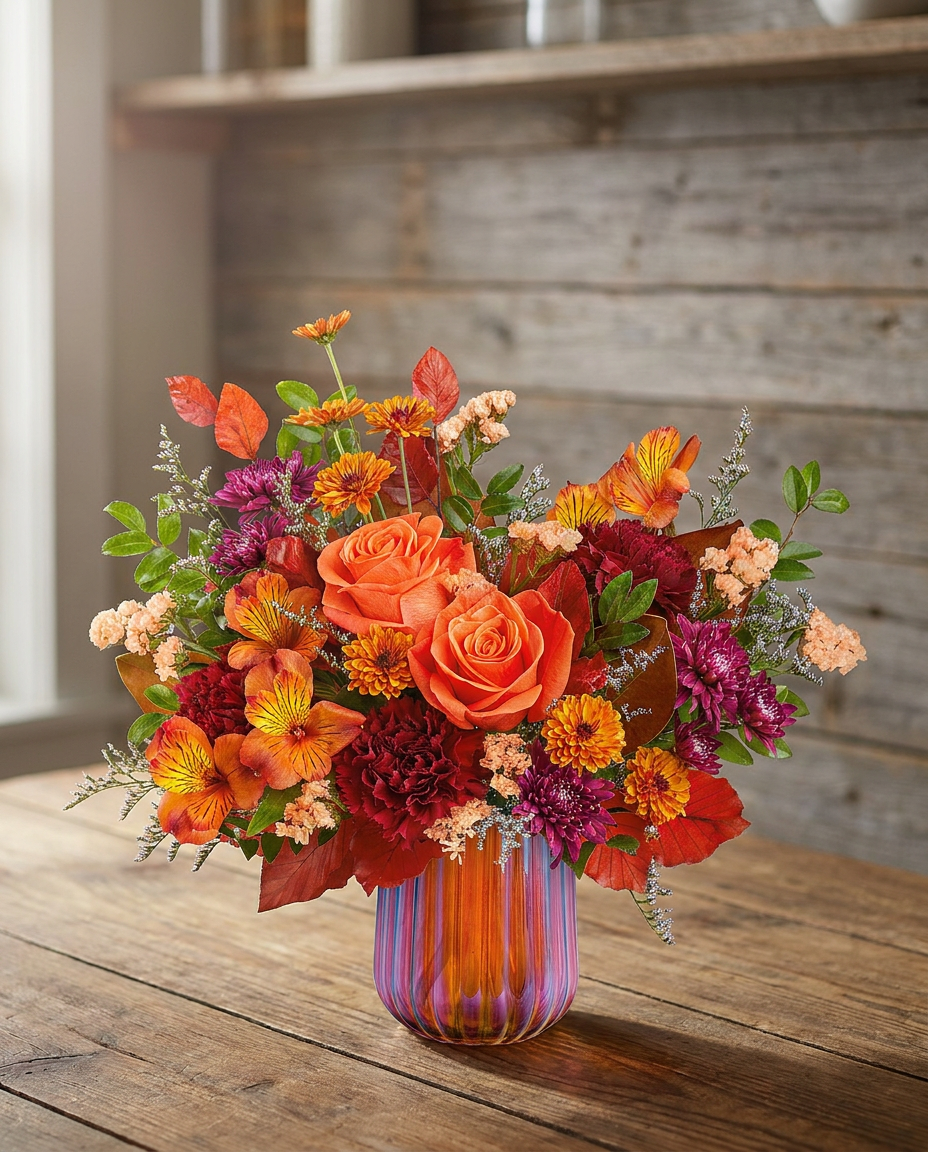 Amber Glow Bouquet on a rustic wood background