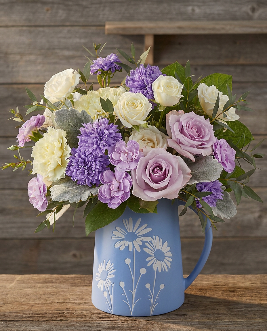 Daisy Haze Bouquet on a rustic wood background