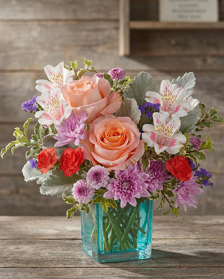 Enchanting Garden Bouquet on a rustic wood background