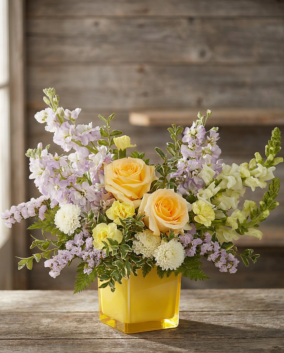 Sunshine Dreams Bouquet on a rustic wood background