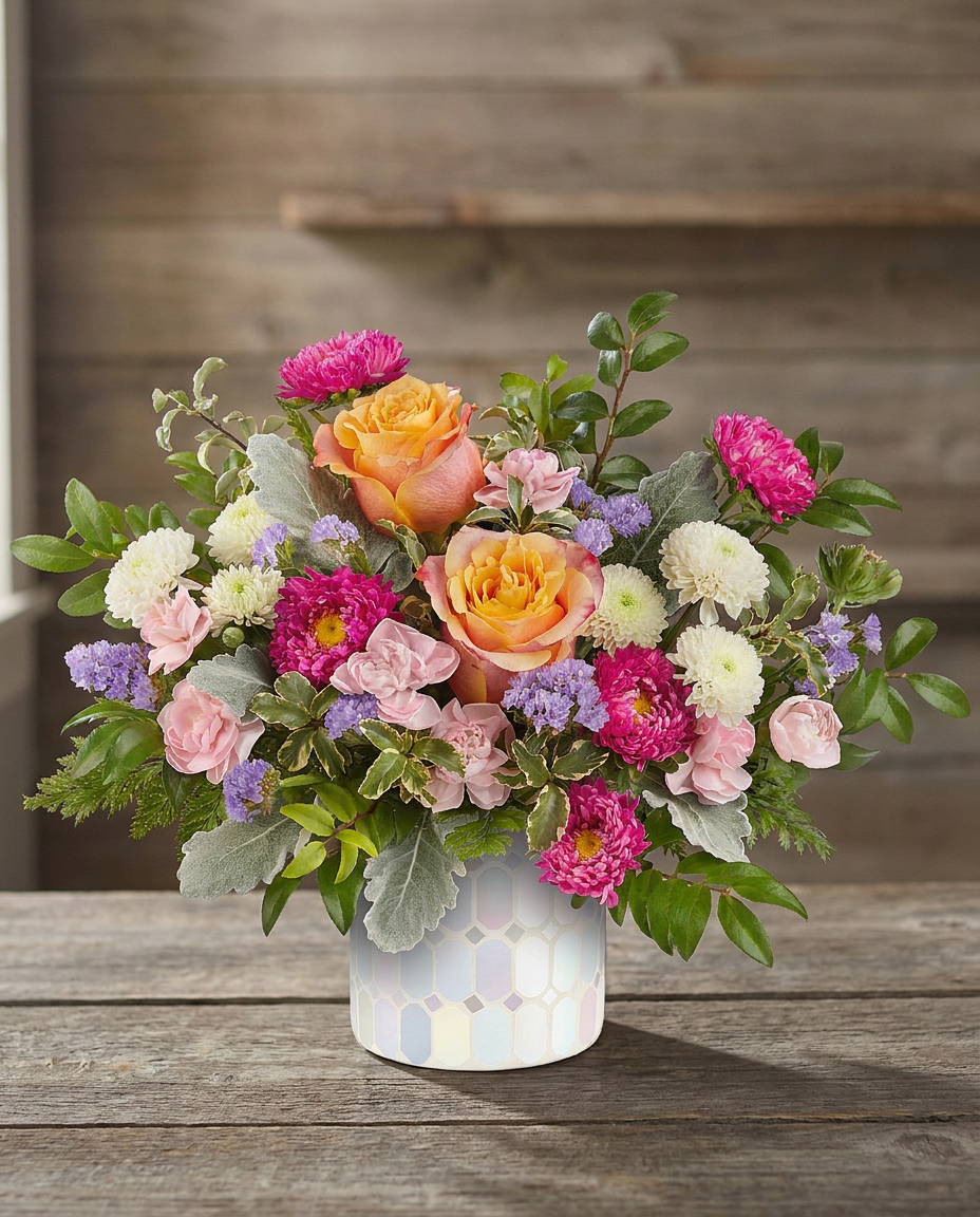 Whimsical Wonders Bouquet on a rustic wood background
