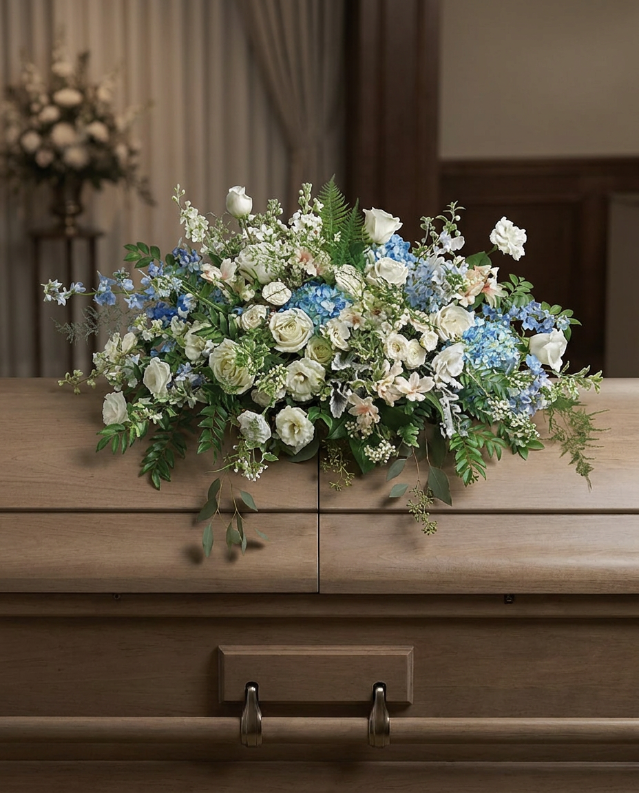 Blue hydrangea, white roses, and delicate flowers with silvery foliage and flowing greenery arranged as a casket spray.