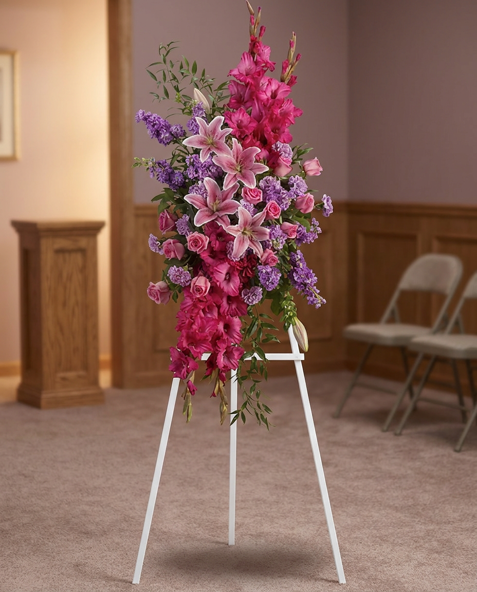 Sympathy spray with pink roses, oriental lilies, gladioli, purple stock, lavender carnations and greenery.