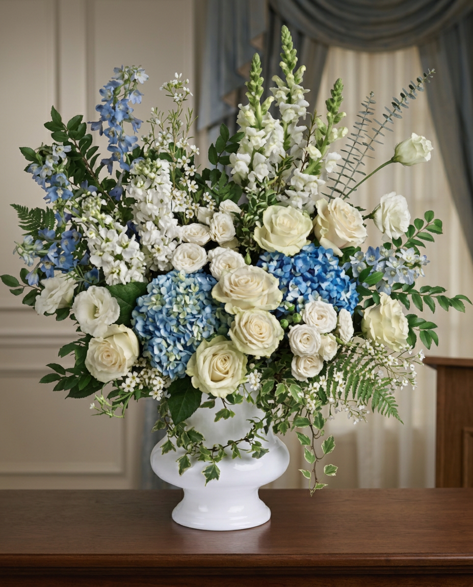 Blue hydrangea and delphinium with white roses, mixed white flowers, and greenery arranged in a white urn.