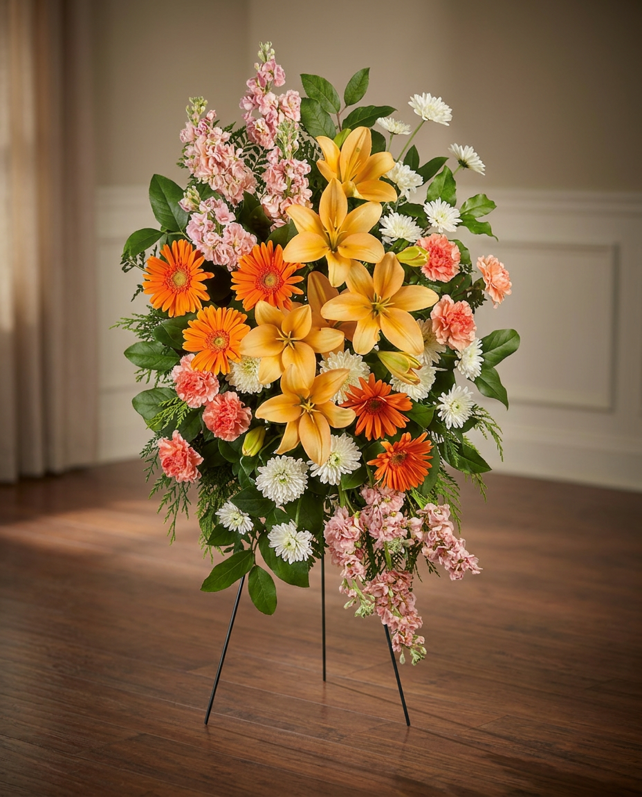 One-sided sympathy spray with peach lilies, orange gerberas and carnations, white chrysanthemums, and lush greenery.