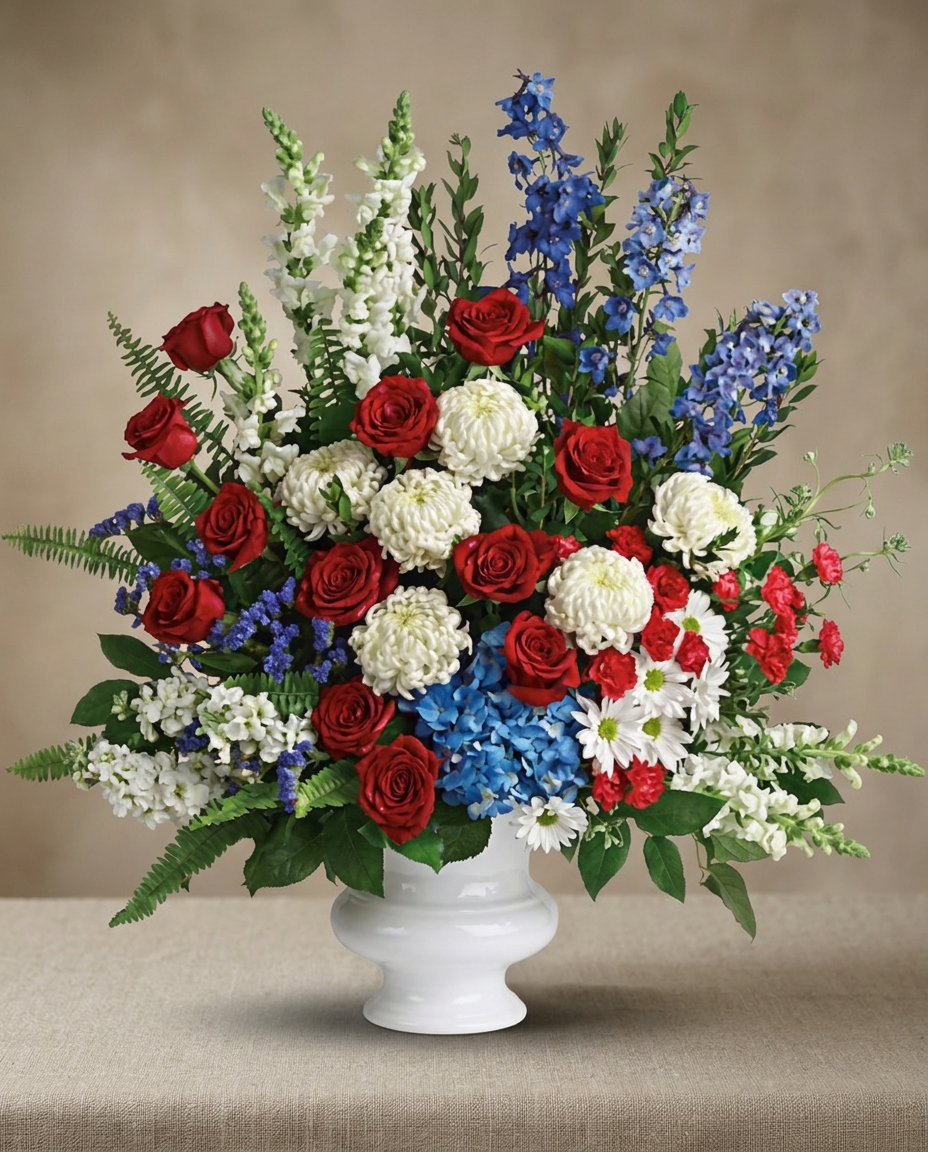 Red, white and blue hydrangea, roses, carnations, snapdragons and chrysanthemums arranged in a white urn.