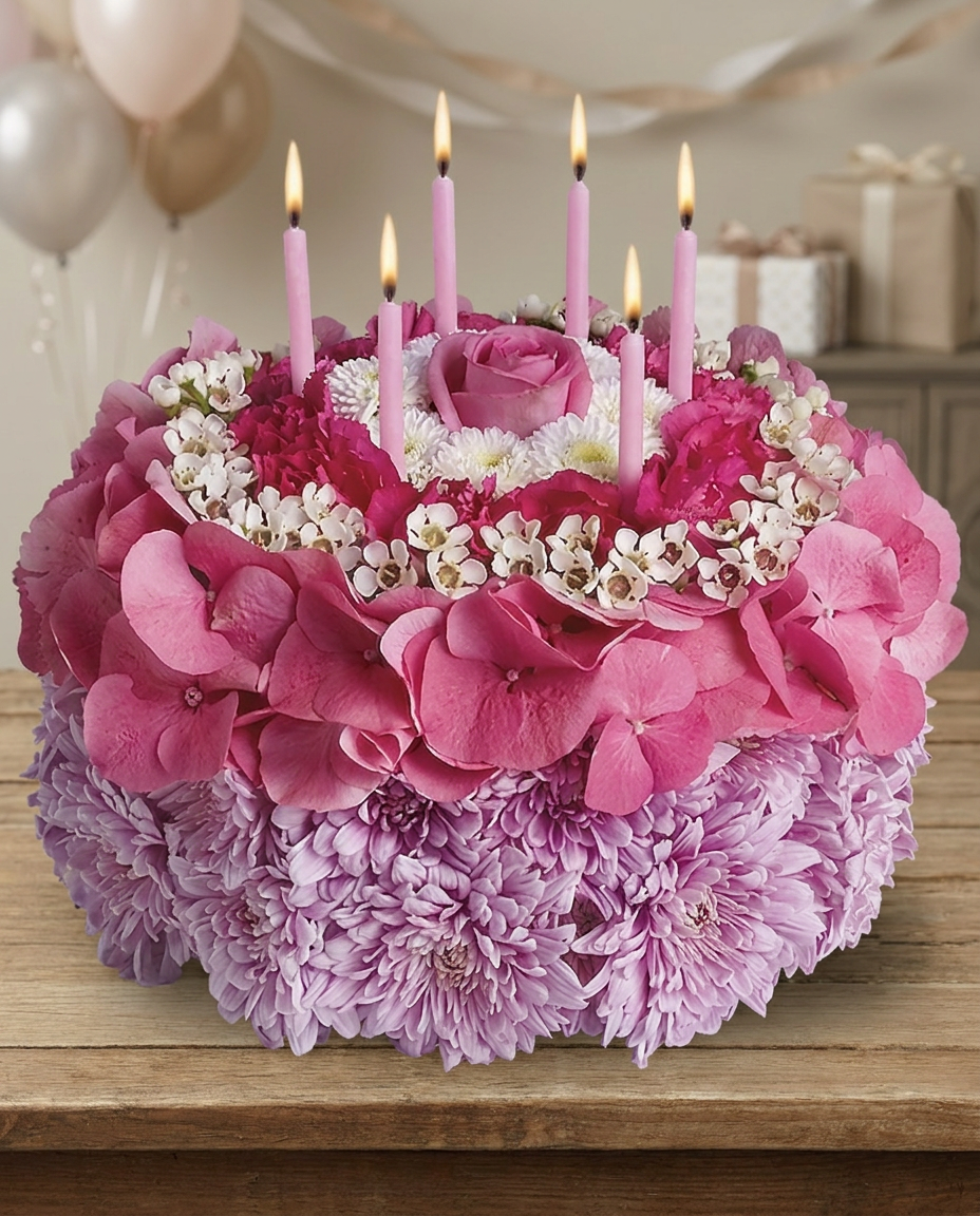 Cake-shaped floral arrangement with pink rose, hydrangea, carnations, white and lavender chrysanthemums, waxflower, and hot pink candles.