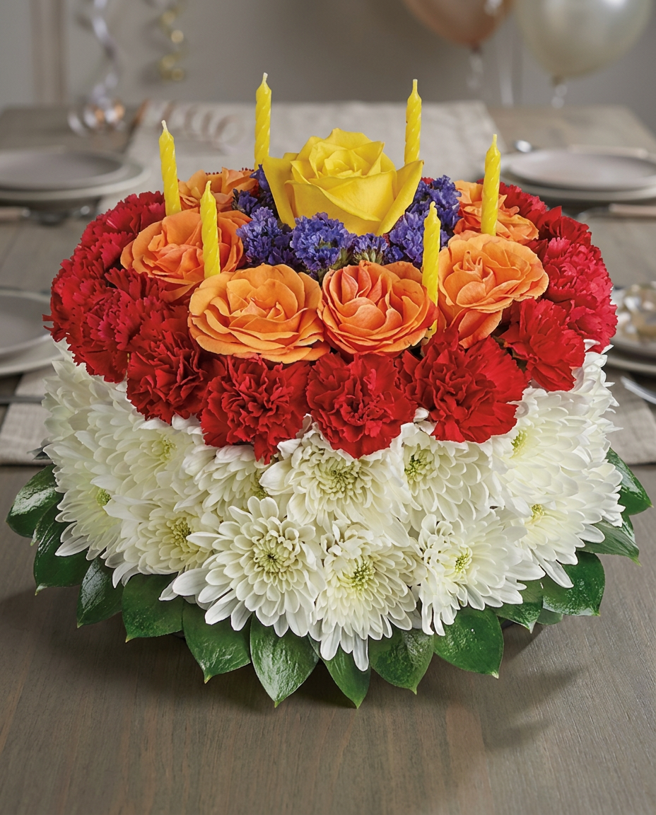 Cake-shaped floral arrangement with yellow and orange roses, red carnations, white mums, blue statice, and birthday candles.