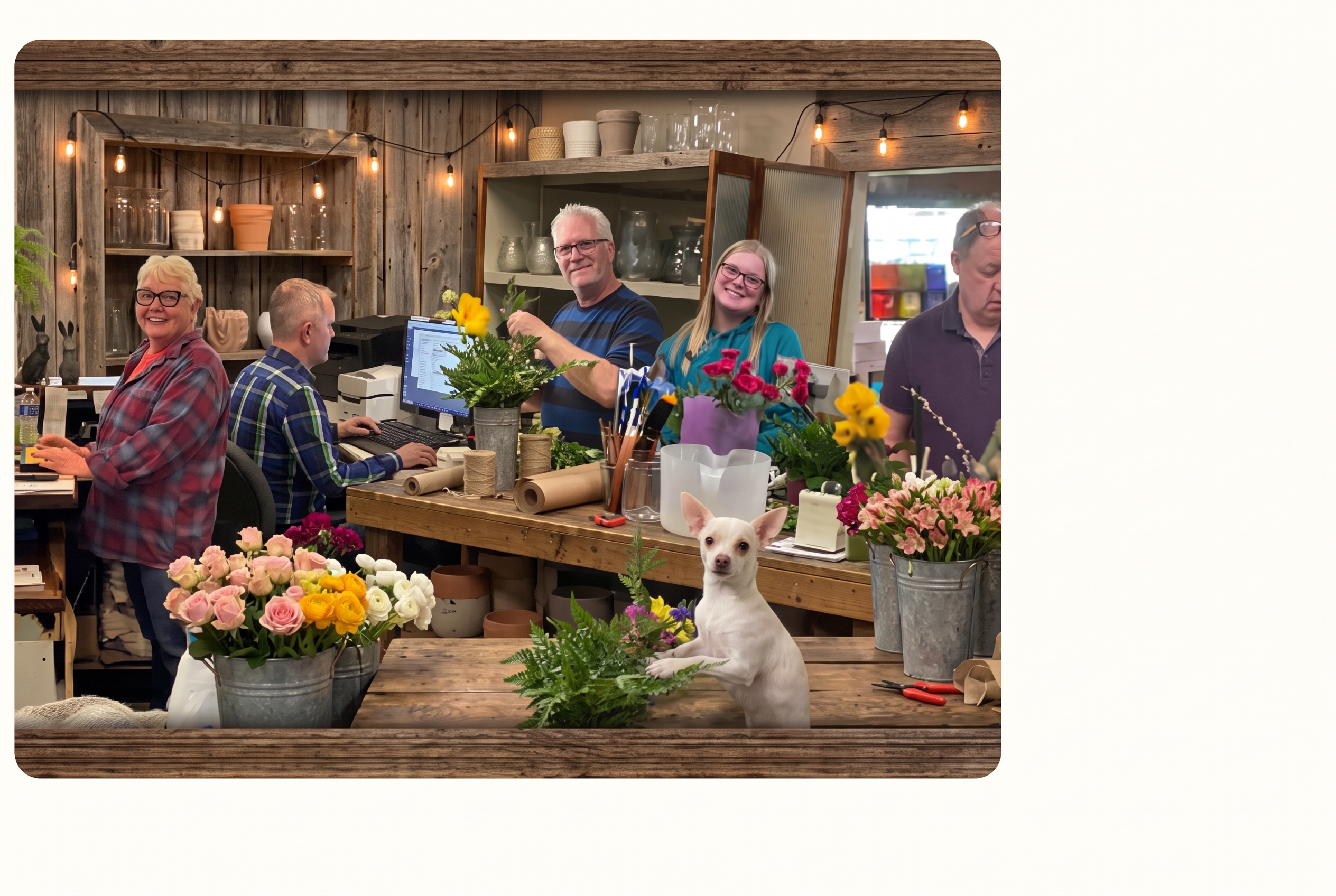 The Greenville Floral team working at the design bench in the shop.