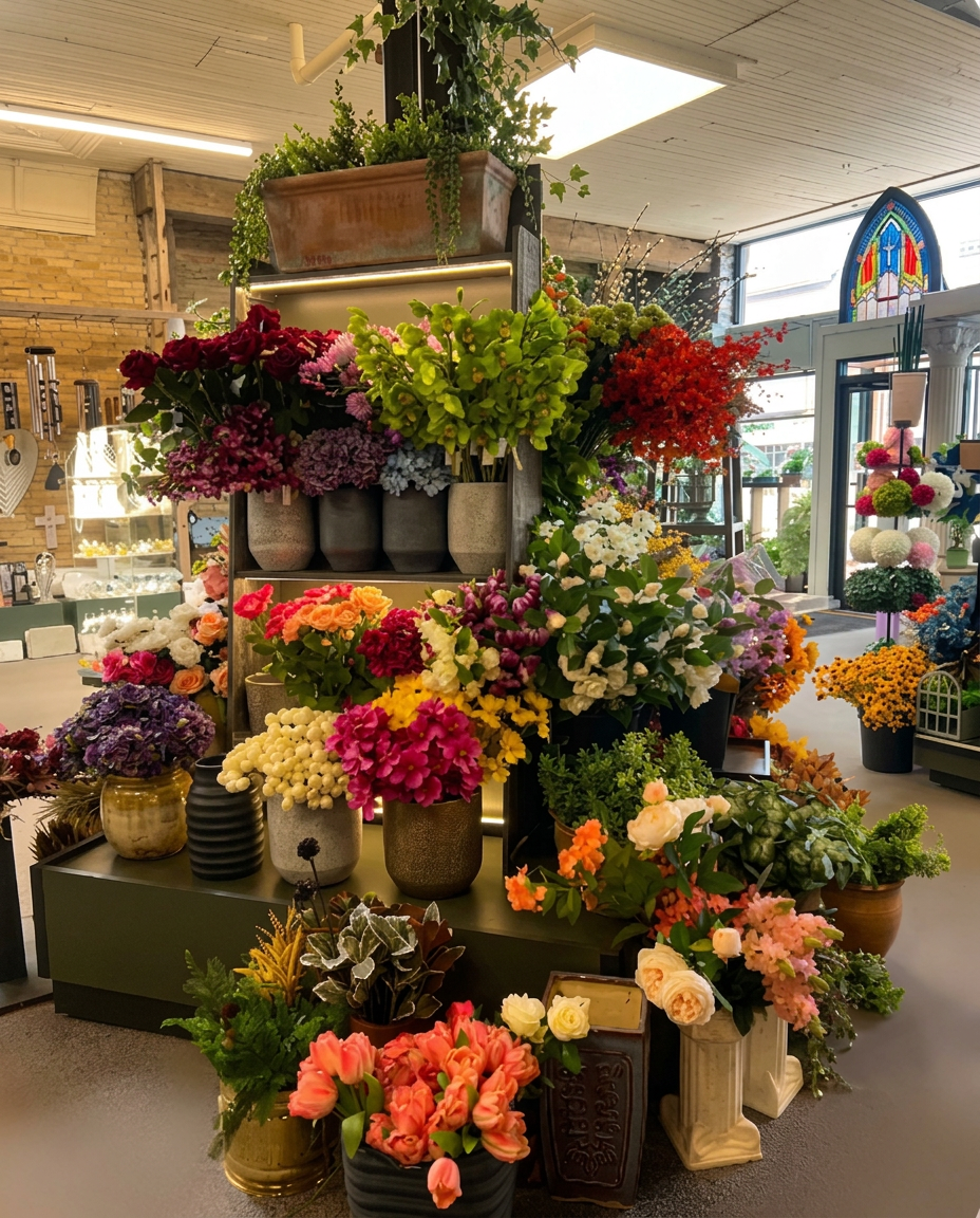 The interior of Greenville Floral, with fresh flower arrangements and plants displayed on shelves and stands.