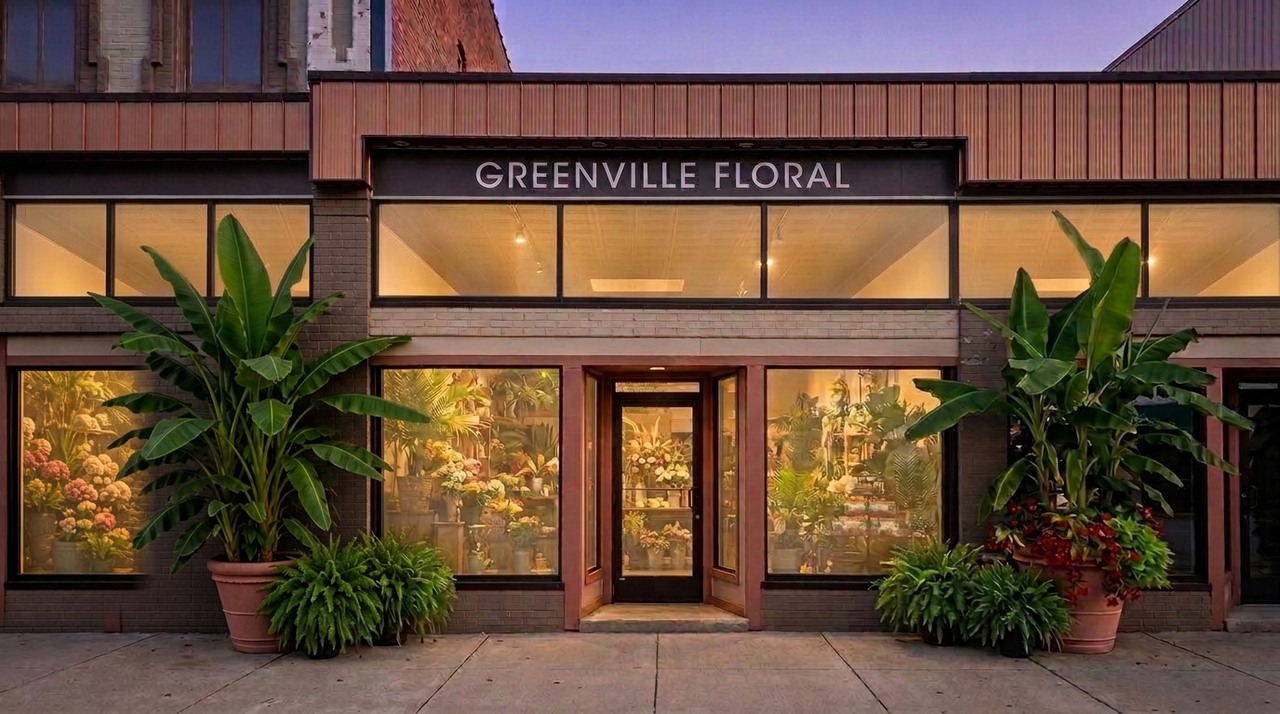 Greenville Floral's shop front with its black sign, window displays and front door on South Lafayette Street